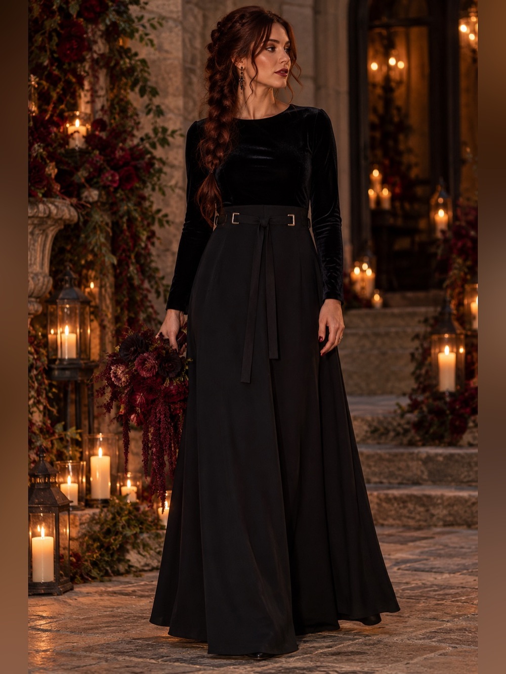 Gothic Black Velvet Maxi Dress Size 14 Belted Long Sleeve Witchy Whimsigoth